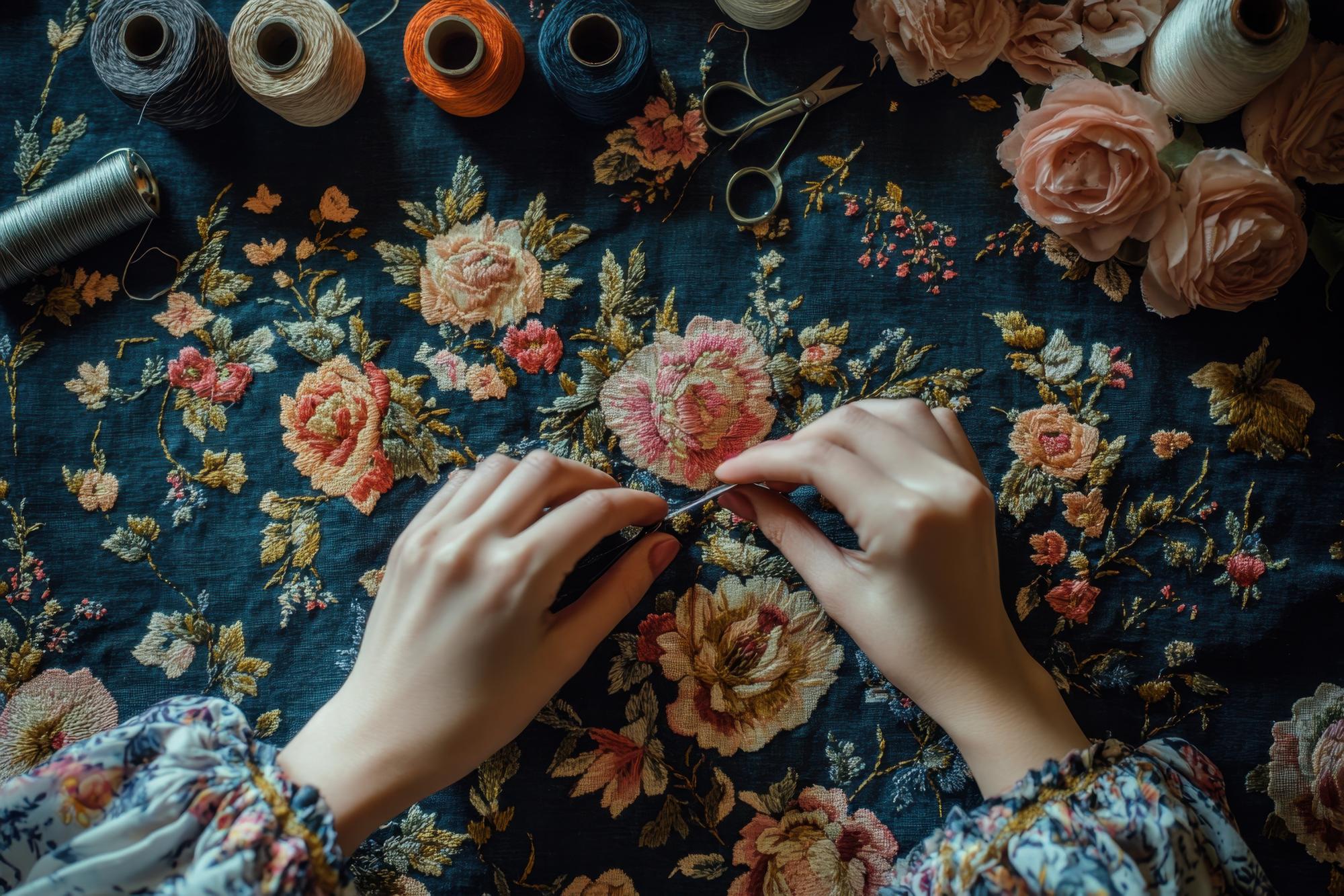 Hands stitching a floral motif