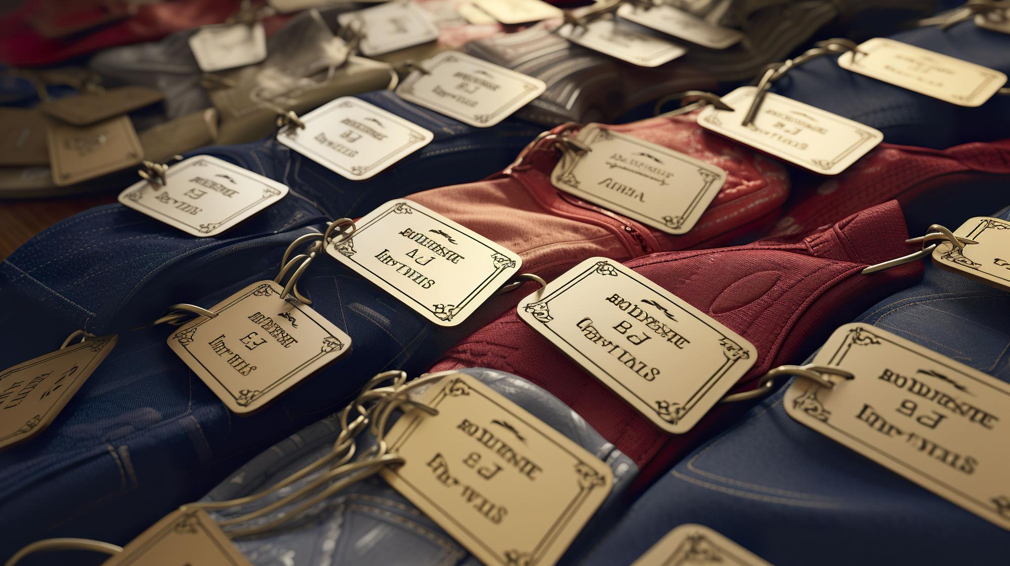 Stack of embroidered samples with tags
